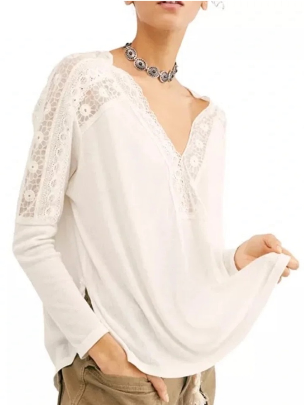 FREE PEOPLE IVORY LOLA LONG SLEEVE LACE ACCENT TOP SIZE M